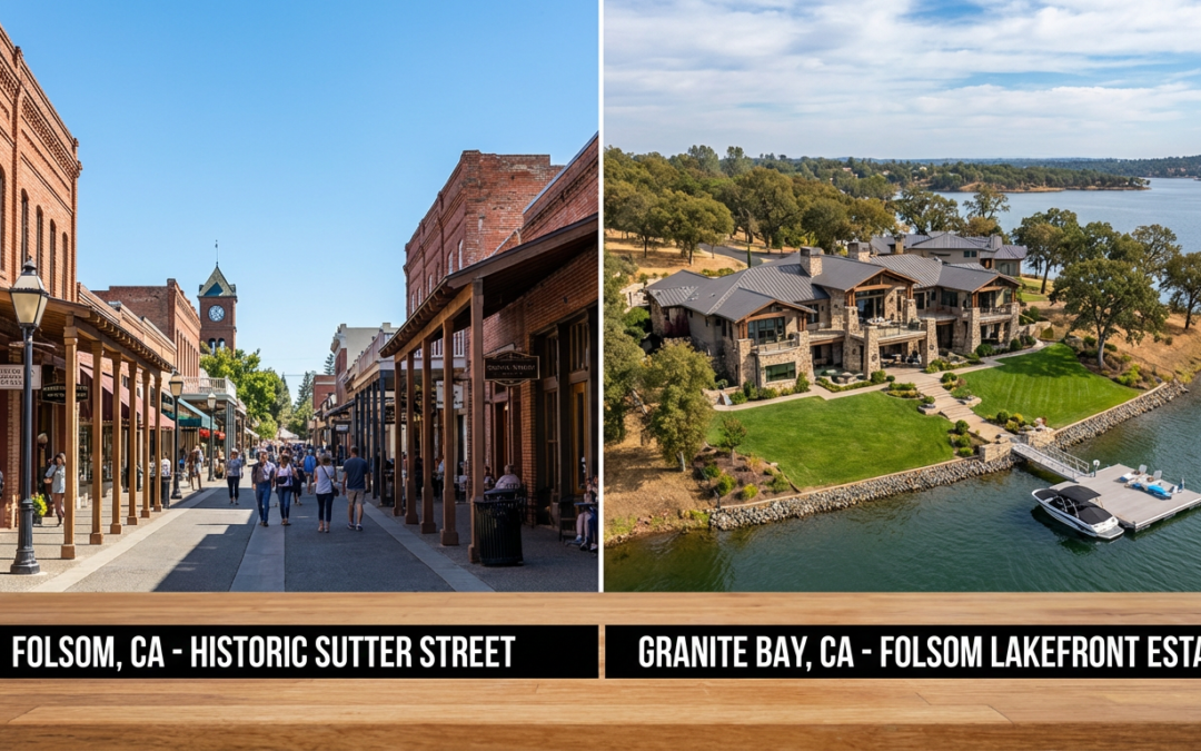 Folsom CA historic downtown Sutter Street vs Granite Bay luxury lakefront home comparison.